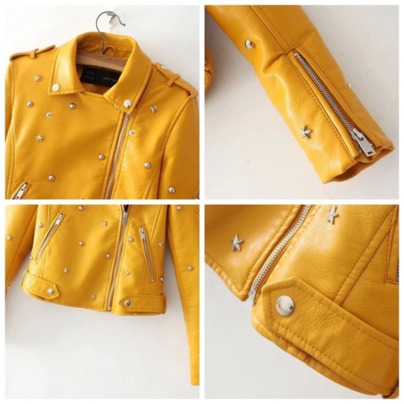 Star Studded Biker Moto Jacket Jaune Vegan Leather - Picture 8 of 8